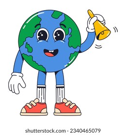 Isolated groovy character planet ringing the bell in gloves in flat retro classic cartoon style of 60s 70s on white background. Illustration for your design, print, card, poster, stickers