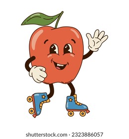 Isolated groovy character red apple in gloves on roller skates in flat retro classic cartoon style on white background. Illustration for your design, print, card, poster, stickers