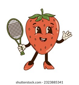 Isolated groovy character strawberry playing tennis in gloves in flat retro classic cartoon style on white background. Illustration for your design, print, card, poster, stickers
