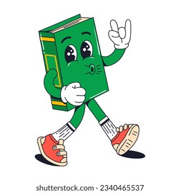 Isolated groovy character walking green book in gloves in flat retro classic cartoon style of 60s 70s on white background. Illustration for your design, print, card, poster, stickers