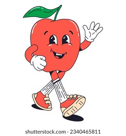 Isolated groovy character walking red apple in gloves in flat retro classic cartoon style of 60s 70s on white background. Illustration for your design, print, card, poster, stickers