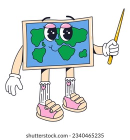 Mapa del mundo del personaje de groovy aislado con puntero de madera en guantes en estilo de dibujos clásicos retro plano de los años 70 sobre fondo blanco. Ilustración para su diseño, impresión, tarjeta, afiche, pegatinas