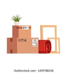 Isolated group of boxes and items for moving. Packed boxes. Isolated on white background