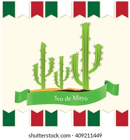 Isolated group of cactus and a ribbon with text on a white background with ornaments