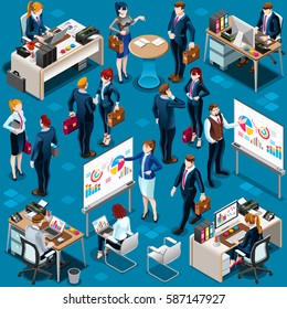 Isolated Group Diverse Isometric Business People Illustration 3D meeting exhibition infographic crowd stand walk casual people icon set. Exhibition conference hand shake collection vector illustration