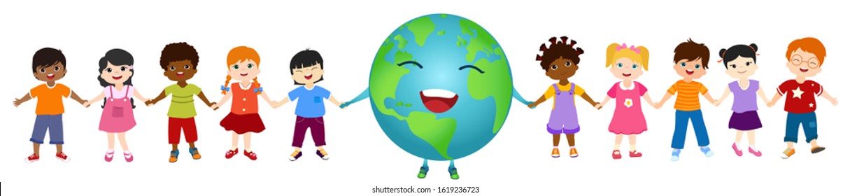 Isolated group of diverse and multiethnic culture children and globe holding hands together for an eco planet and clean environment. Ecological and sustainable future. Energy community