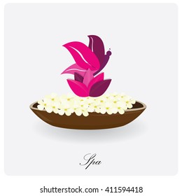 Isolated group of flowers on a pot and a butterfly icon on a white background