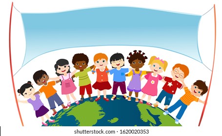 Isolated Group Of Happy And Smiling Diverse And Multiethnic Children Hugging Each Other And Holding Two Rods With Empty Banner On A Globe. Multicultural Kindergarten. Childhood. Oneness. Peace