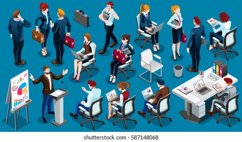 Isolated Group Isometric Business People. 3D meeting conference speaker infographic crowd with stand walk casual people icon set. Conference speaker customer service collection vector illustration