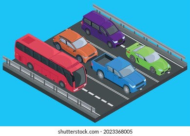 Isolated group of isometric cars on an avenue