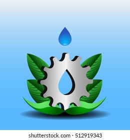Isolated group of leaves, a gear and a drop of water, Clean energy vector illustration