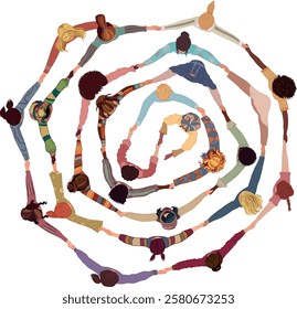 Isolated group of multicultural women in circle holding hands. International women s day. Diversity - inclusion - equality - girl power or empowerment concept