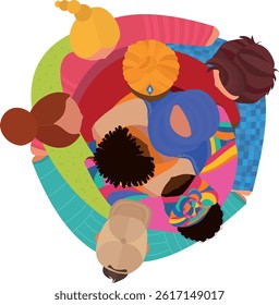 Isolated group of people in circle hugging each other from diverse cultures. Top view
