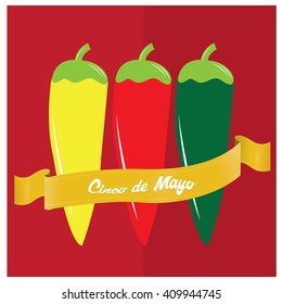 Isolated group of peppers and a ribbon with text on a colored background