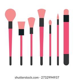Isolated group of six minimalist makeup brushes. The brushes feature pink heads and black handles, arranged neatly against a plain white backdrop.