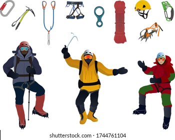 Isolated group of three climbers, two men and a girl. Also an isolated group of necessary equipment for mountaineering