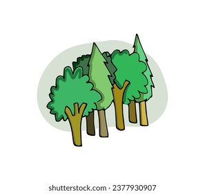 Isolated group of trees and pines. Grove, nature, objects. Colorful cartoon style hand drawn vector illustration.