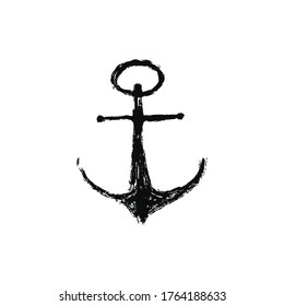 Isolated grunge drawing anchor icon. Sea boat vintage logo drawing manual brush ink. Background for printable products. Vector illustration