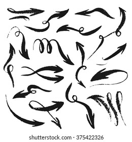 Isolated grunge hand drawn arrows set on a white background. Doodle sketch style. Vector illustration.