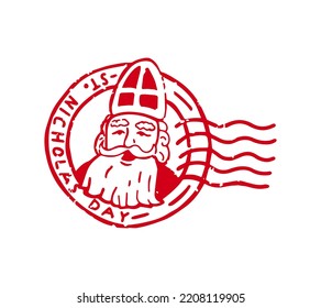 Isolated grunge round Saint Nicholas Day postage stamp on white background.