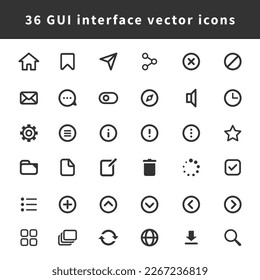 Isolated gui icons set for mobile apps on white background. Set of 36 clean linear minimal icons for software, web, mobile icons. Minimal icons set.