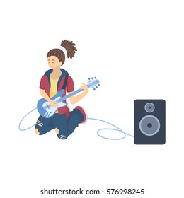 Isolated guitar player on white background. Cool singer and musician.