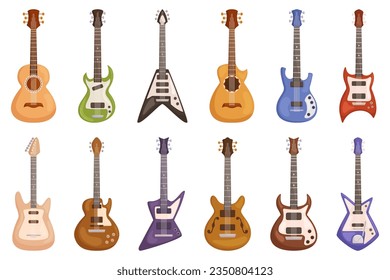 Isolated Guitars Set, Versatile String Instruments With A Resonant Body And Fretted Neck. They Produce Melodic Tones And Are Popular In Various Music Genres. Cartoon Vector Illustration