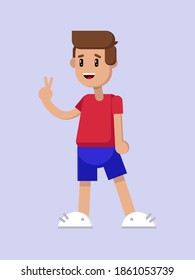 Einziger Typ in voller Länge in einem roten T-Shirt und blauen Hosen Shots mit seiner Hand "Victoria" und lächelt. Flache Illustration
