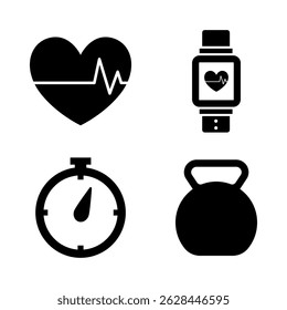 Isolated Gym icon set, Fitness, Exercise Clip art on Transparent background, Wellness graphic elements, Stop watch, Heart rate for Banner and Social Ads (Editable)