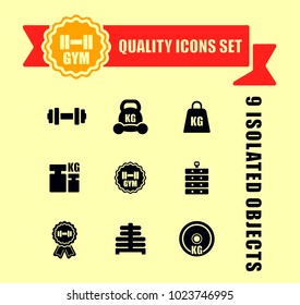 isolated gym icons set with red tape accent for sport or trade concept