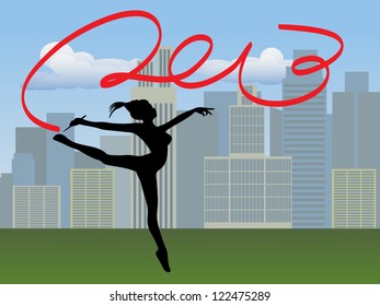 Isolated gymnastic lady with ribbon equipment illustrated numeric move pattern in front city scape.