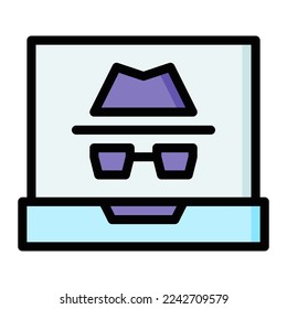 Símbolo de hackeo aislado en el icono de color relleno en el fondo blanco. Hacker, crimen cibernético, incógnito, laptop