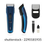 Isolated hair clipper. 3d blue trimmer. Barber tool with accessories. Electric haircut machine. Hairdresser instrument in side, top views. Vector illustration