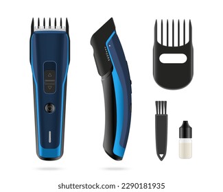 Isolated hair clipper. 3d blue trimmer. Barber tool with accessories. Electric haircut machine. Hairdresser instrument in side, top views. Vector illustration
