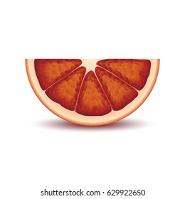 Isolated half of circle juicy red color bloody orange with shadow on white background. Realistic colored slice.