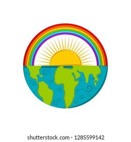Isolated half earth with a rainbow and sun. Vector illustration design