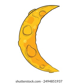 Isolated half moon yellow bright, for lunar even. Hand drawn yellow moon. Cartoon style.