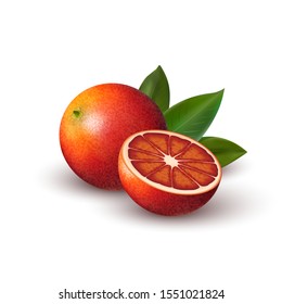 Isolated half of red colorful orange and whole round citrus fruit with green leaf on white background. Realistic colored juicy slice of bloody orange, tarocco.