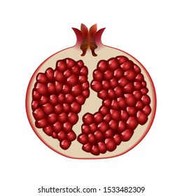 Isolated half of ruby colorful pomegranate on white background. Realistic colored slice of pomegranate with red seeds.