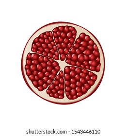 Isolated half of ruby colorful pomegranate on white background. Realistic colored round slice of pomegranate with red seeds. Top view, view from above.
