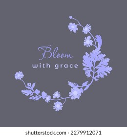 Isolated half-wreath with blue-white-colored camomile flowers. Two-colored flower parts are isolated on a darker background. Words bloom with grace in the center. svg