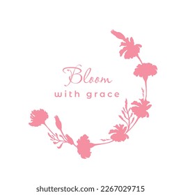 Isolated half-wreath with flat silhouettes of marigold flowers. One-color flower parts are isolated on the white background. Hand-drawn parts of the camomille or daisy flowers and leaves. svg