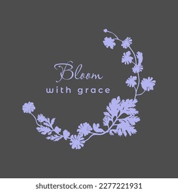 Isolated half-wreath with two-color daisy flowers. Violet flower parts are isolated on the dark background. Words bloom with grace in the center. svg