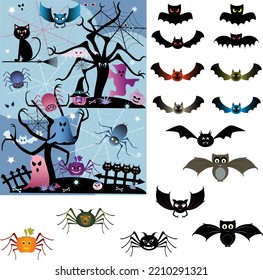 Isolated halloween bats, spiders, pumpkins and creepy cemetery 