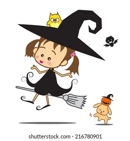 Isolated halloween cartoon cute little baby witch, vector illustration on white background