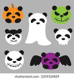 isolated halloween elements with panda face, ghost, pumpkin, zombie, vampire, skull.