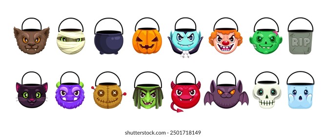 Isolated Halloween holiday sweets buckets characters with funny monster faces. Vector Halloween trick or treat candy bags in shape of pumpkin, ghost, skull, bat and witch, clown, vampire and zombie