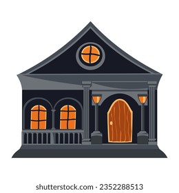 Isolated Halloween house. Gray spooky mansion with gothic windows, and lanterns at the entrance. Haunted house in flat style. Vector illustration.