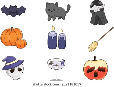 Los iconos aislados de Halloween incluyen murciélagos, gatos negros, vampiros, calabazas, velas, escobas, cráneos, globos oculares y manzanas envenenadas