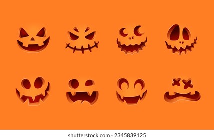 Isolated Halloween pumpkin carved faces silhouettes on orange.